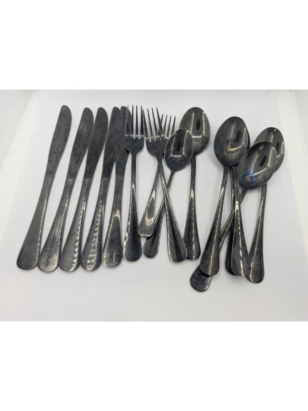 Lot 14 Black Stainless Spoons knives forks bundle READ